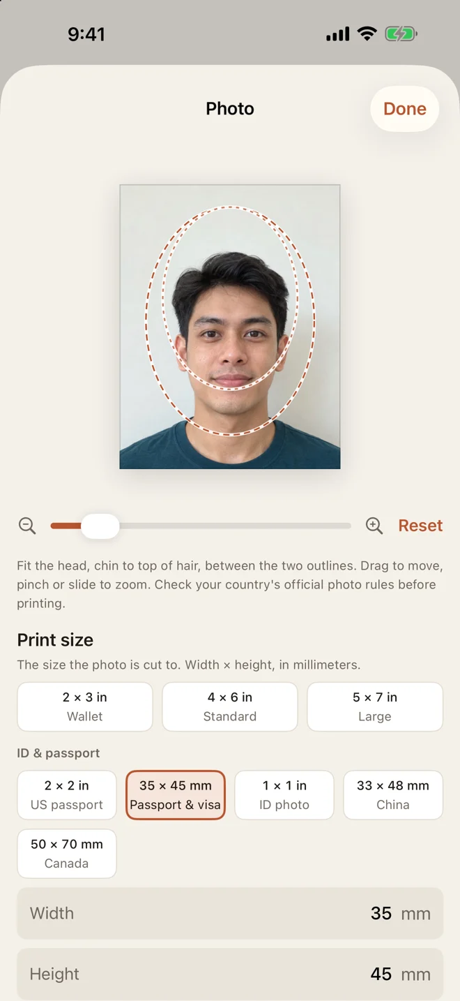 Real Photo Print crop screen with a head-size guide