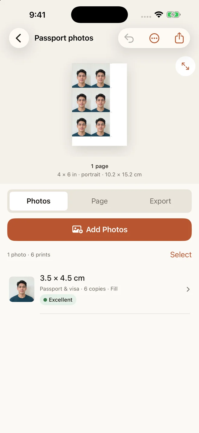 Real Photo Print screen with six ID portraits on a 4 by 6 sheet