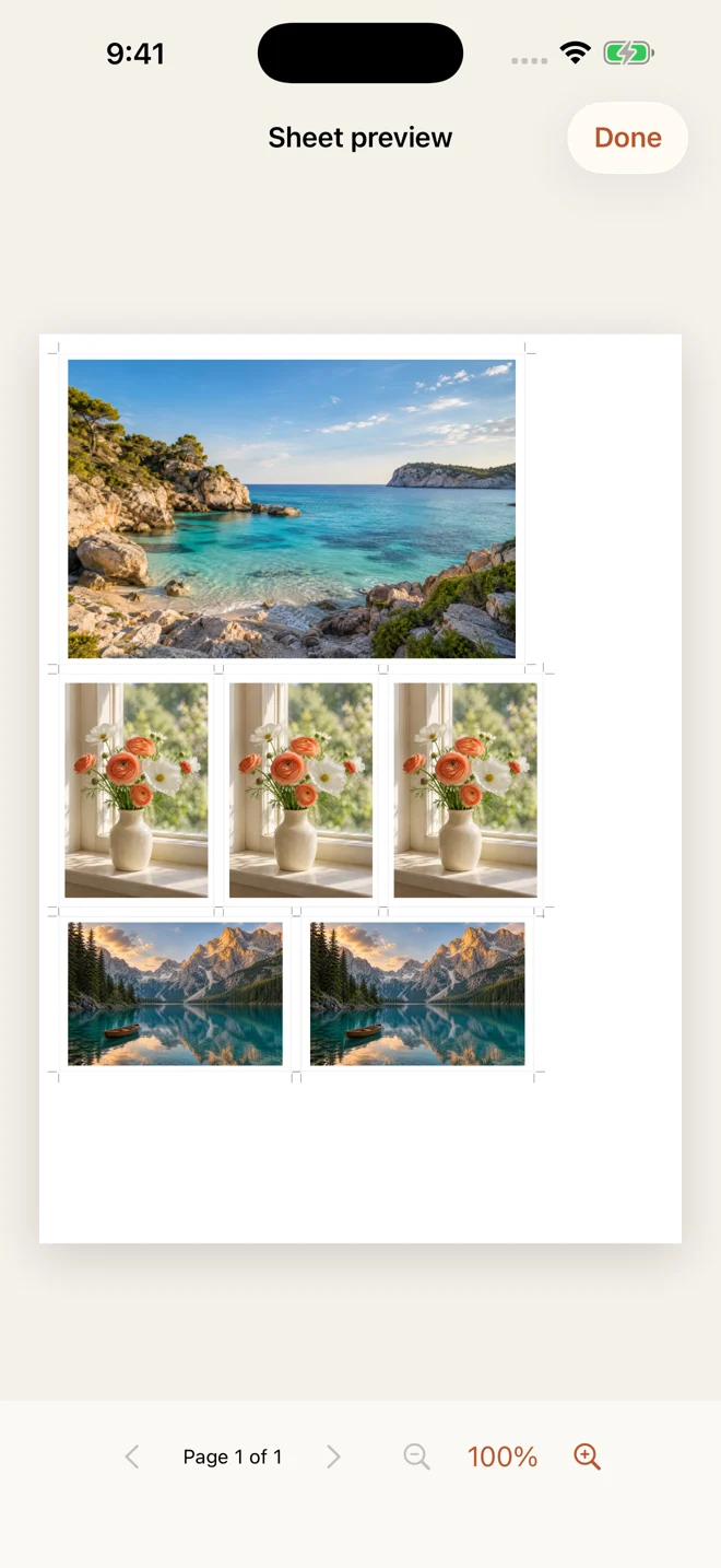 Real Photo Print screen with six photos laid out on a sheet
