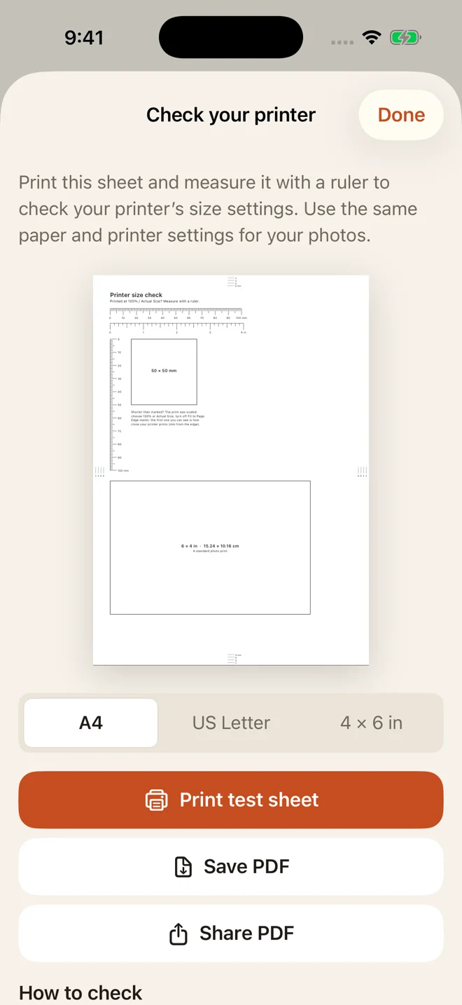 Photo Print 1.4.1 printer-check screen with paper choices, a test-sheet preview and PDF actions
